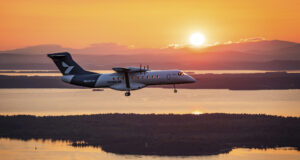 Heart Aerospace X1 electric demonstrator in flight over upstate New York at dusk