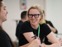 Hilary from Vision Ireland wearing Ray-Ban Meta glasses during a training session