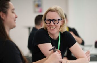 Meta Donates 15,000 Ray-Ban Meta Glasses in Ireland Hilary from Vision Ireland wearing Ray-Ban Meta glasses during a training session