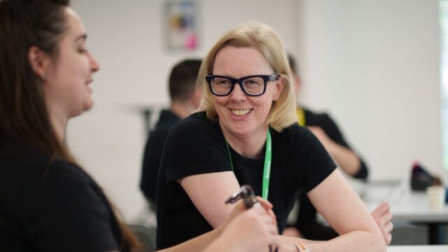Hilary from Vision Ireland wearing Ray-Ban Meta glasses during a training session