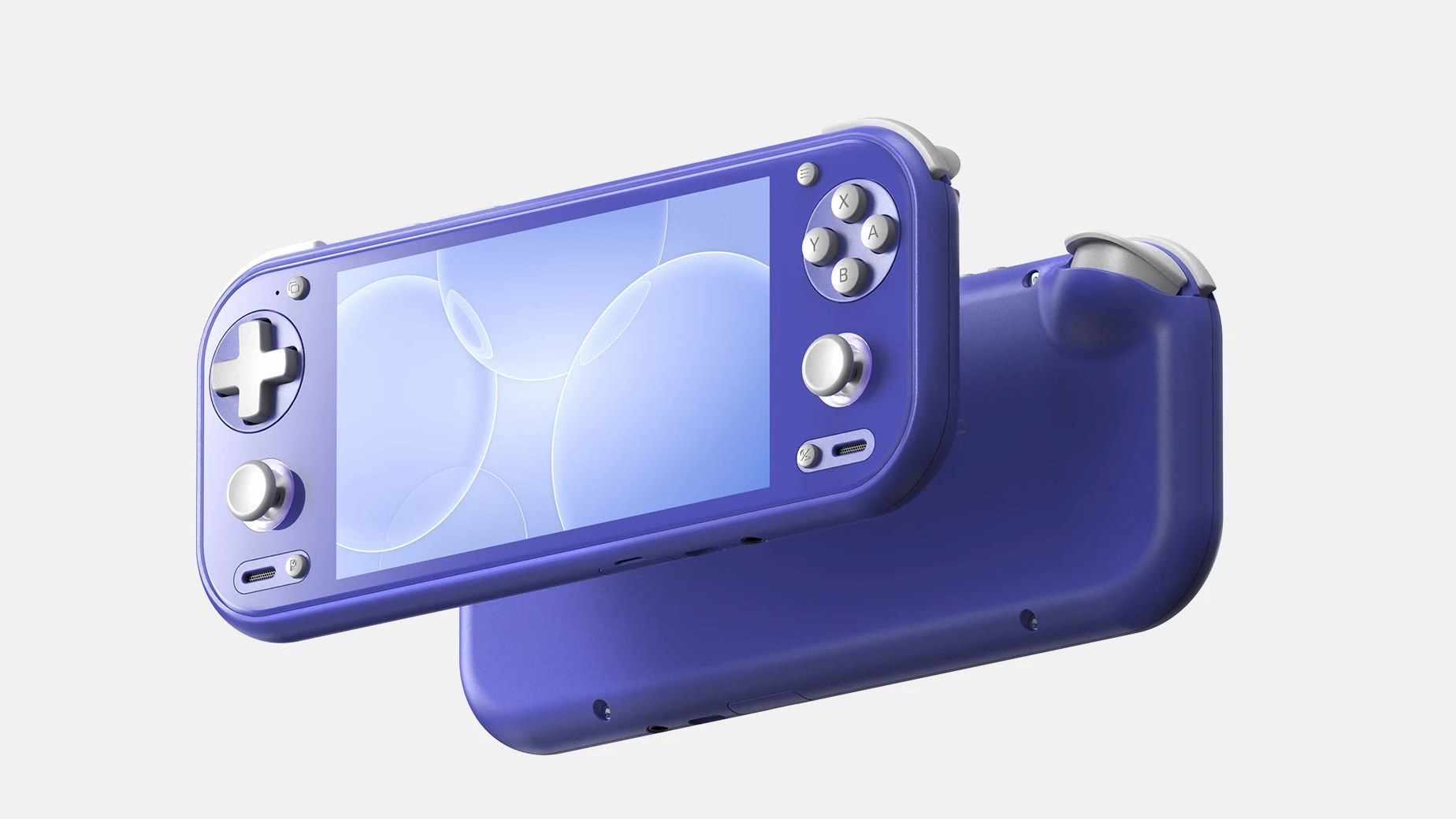 Indigo Anbernic RG 55G1 front and back, showing Hall joysticks and a full-width 1080p screen