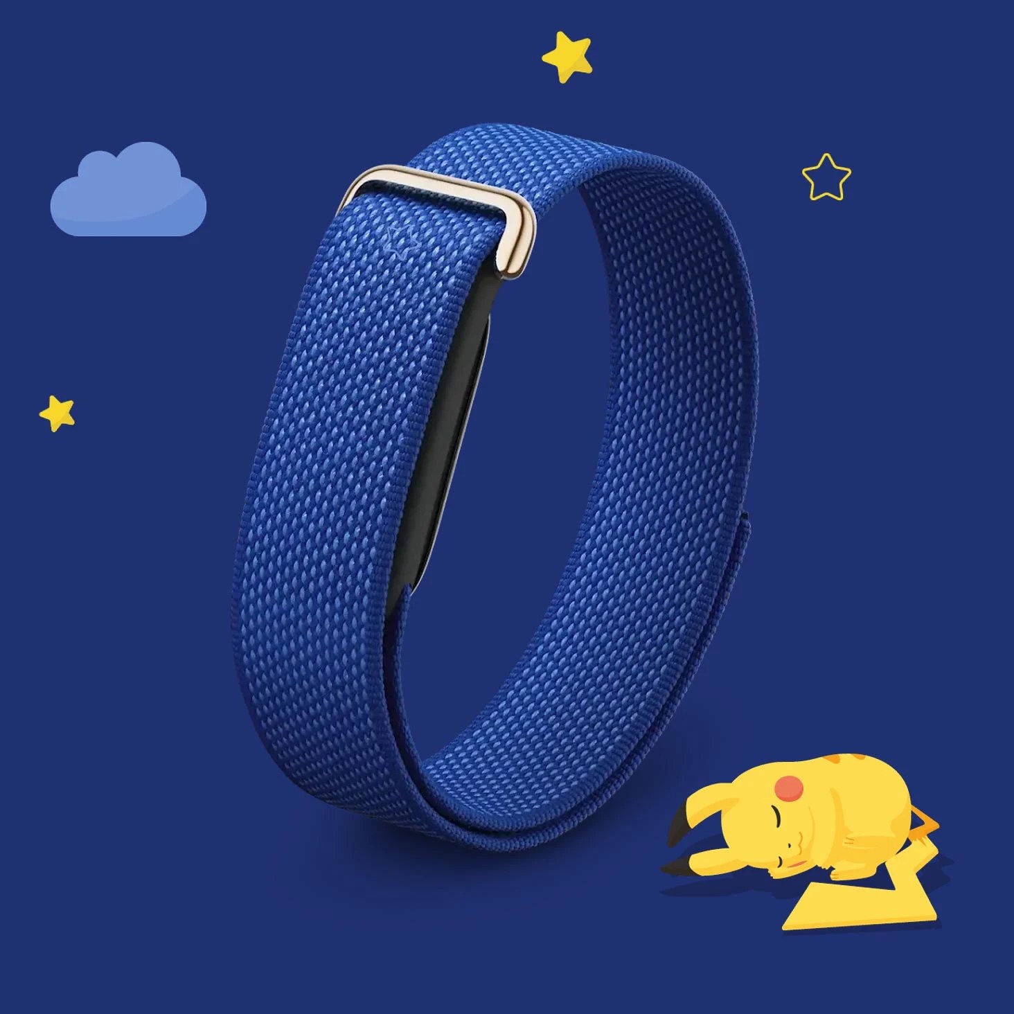 Three-quarter view of the Sleepy Blue Fitbit Air Pokémon Sleep band with a sleeping Pikachu illustration