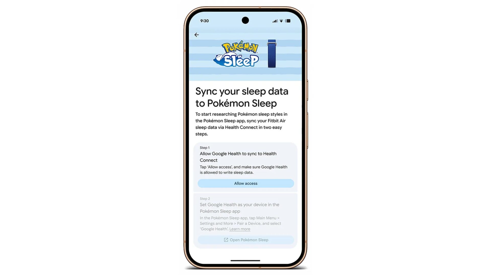 Phone screen showing Pokémon Sleep steps to sync Fitbit Air sleep data through Health Connect