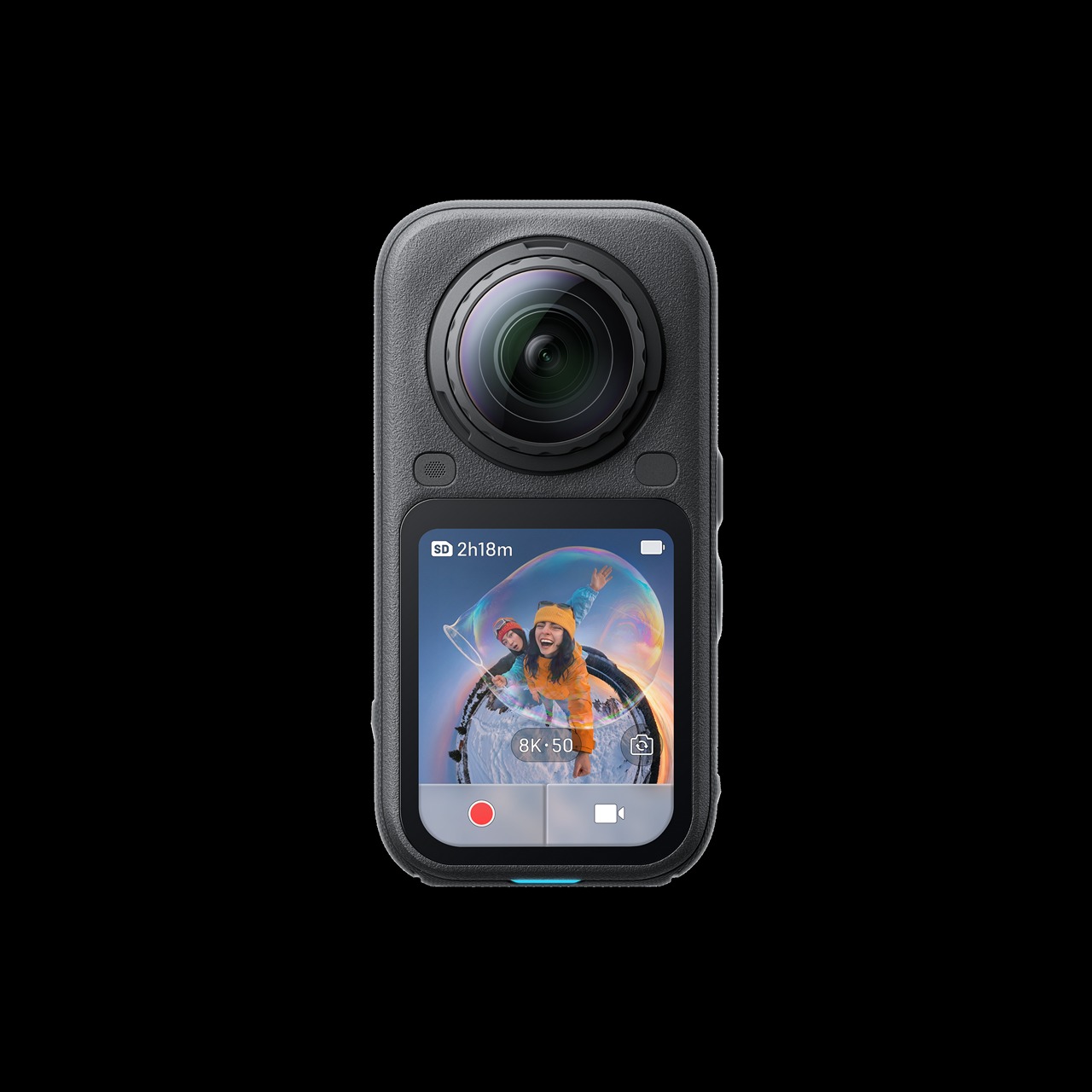 Insta360 X6 front packshot with 8K 50 recording on the OLED screen