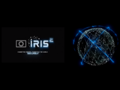 IRIS2 secure connectivity logo with EU flag beside a connected globe with orbital arcs