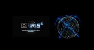 IRIS2 secure connectivity logo with EU flag beside a connected globe with orbital arcs