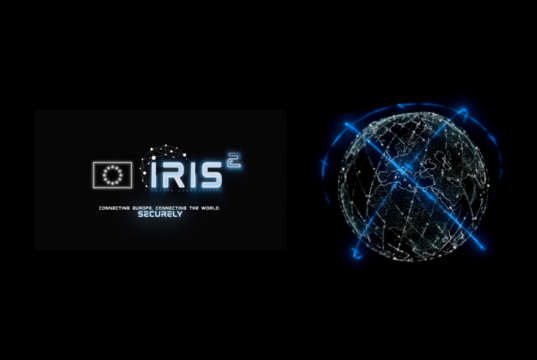 IRIS2 secure connectivity logo with EU flag beside a connected globe with orbital arcs