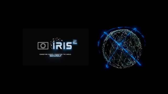 IRIS2 secure connectivity logo with EU flag beside a connected globe with orbital arcs