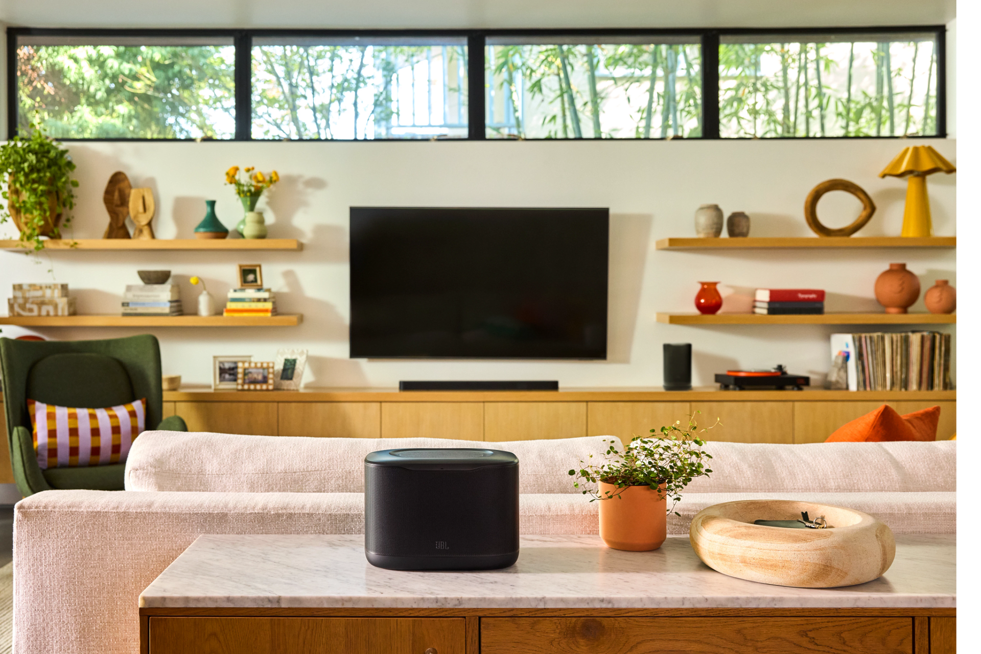 JBL Cove X1 Wi-Fi speaker in a home listening space