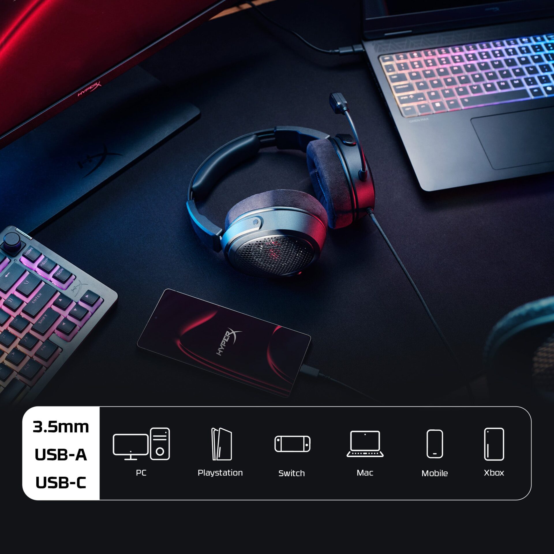 HyperX Cloud Alpha Air on a desk with 3.5mm, USB-A, and USB-C icons for PC, PlayStation, Switch, Mac, mobile, and Xbox