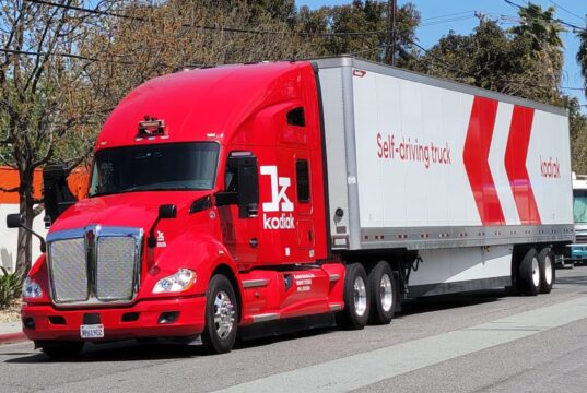 California Teamsters driverless truck lawsuit: a Kodiak Robotics autonomous semi photographed in California