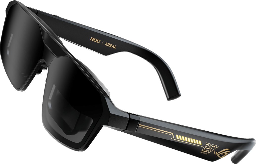 ROG XREAL R1 Edition 20 AR glasses with a gold 20th anniversary badge