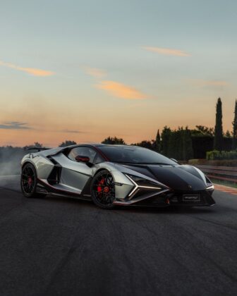 Official Lamborghini Revuelto SV in silver and black on a track at dusk