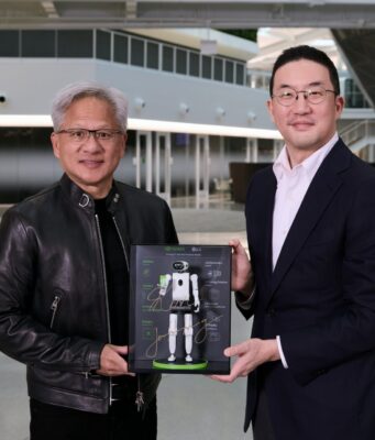 LG Humanoid Robot With NVIDIA Set for Q1 2027 Jensen Huang and LG chairman Kwang Mo Koo hold a signed LG NVIDIA humanoid robot plaque