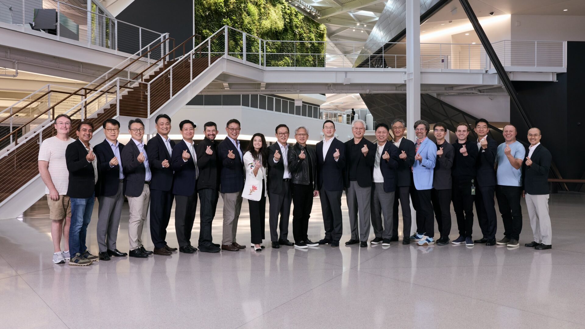 LG and NVIDIA executives with Jensen Huang at NVIDIA headquarters after the humanoid robotics memorandum of understanding