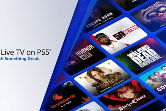 Official Live TV on PS5 key art showing channel tiles for Crunchyroll, The Walking Dead, and more