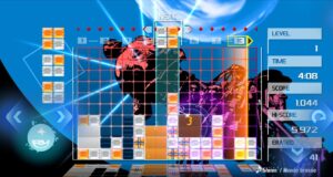 Official Lumines Remastered mobile screenshot of orange and white blocks on a blue stage