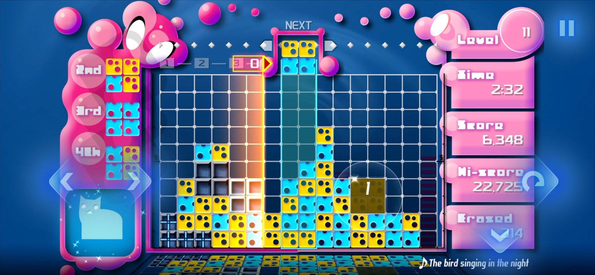 Official Lumines Remastered screenshot of a pink bubble skin with yellow and blue blocks