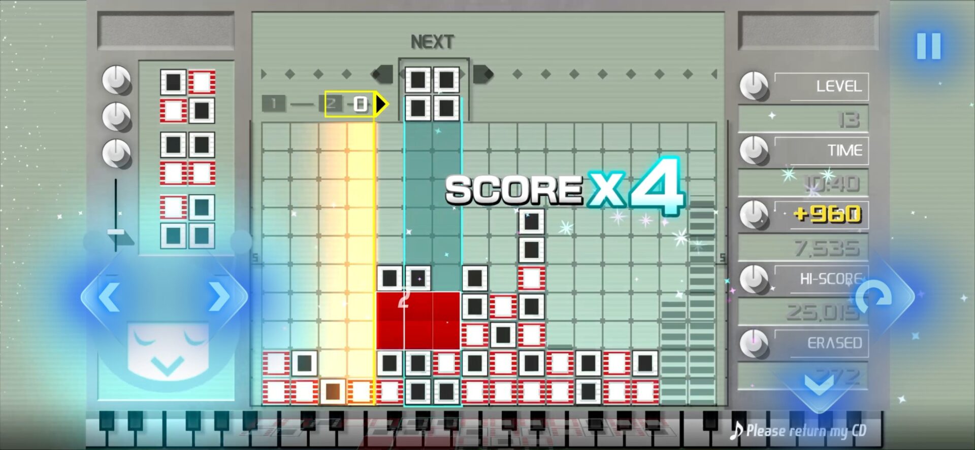 Official Lumines Remastered mobile screenshot showing touch arrows and a Score x4 combo