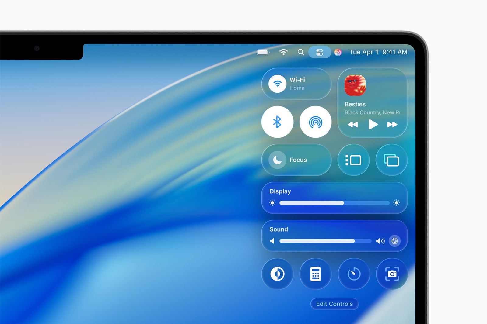 Official macOS Tahoe Control Center on a MacBook