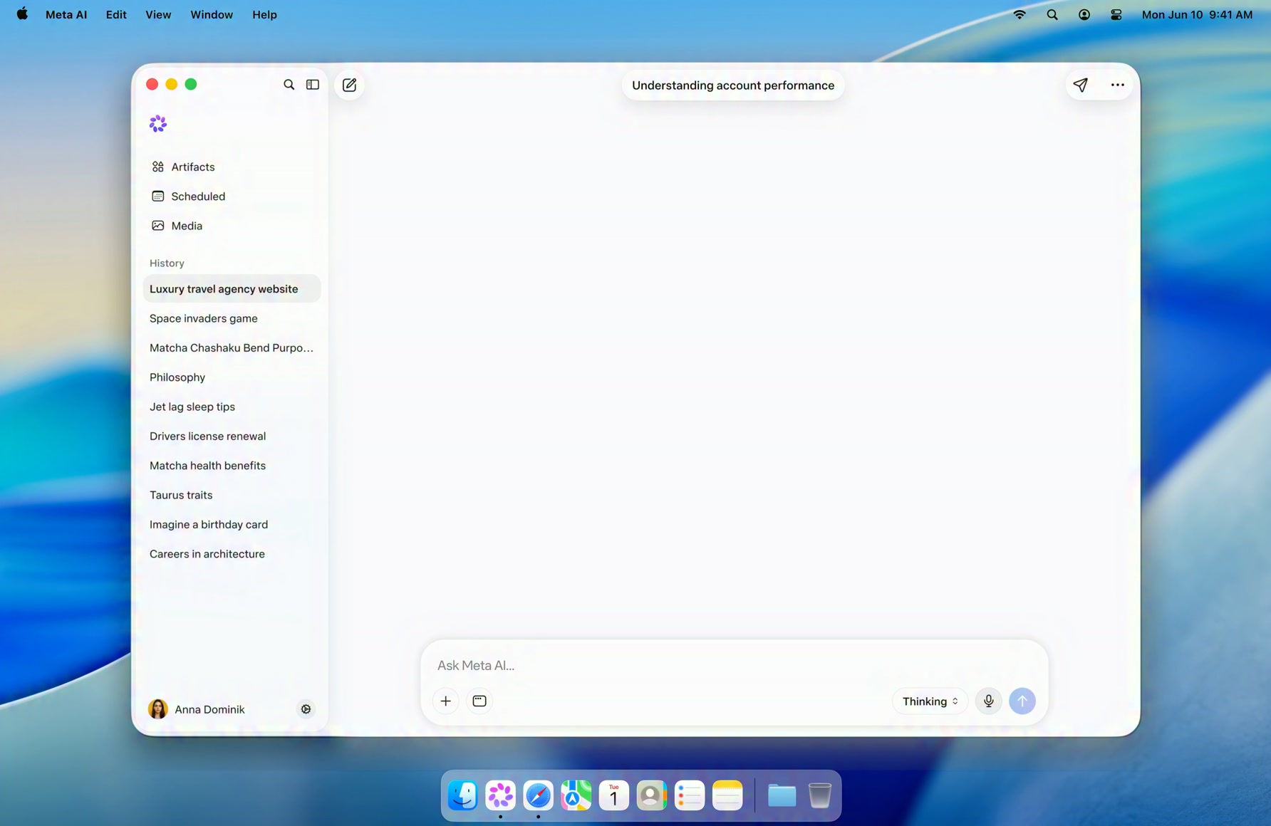 Meta AI Mac app showing an Understanding account performance prompt