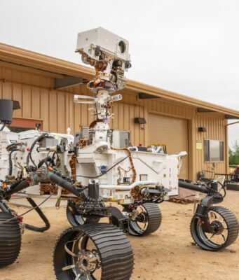 NASA PROMISE rover candidate OPTIMISM, the Perseverance engineering twin, at JPL's Mars Yard