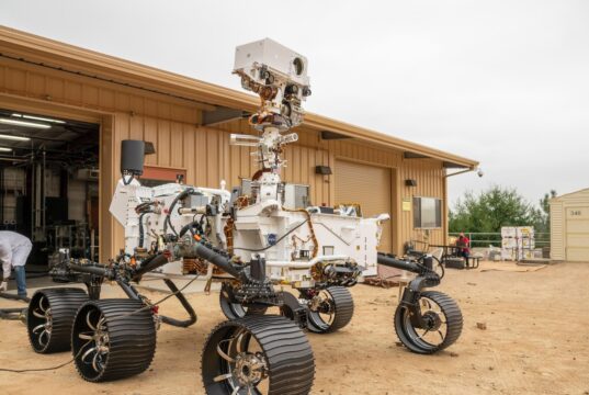 NASA PROMISE rover candidate OPTIMISM, the Perseverance engineering twin, at JPL's Mars Yard
