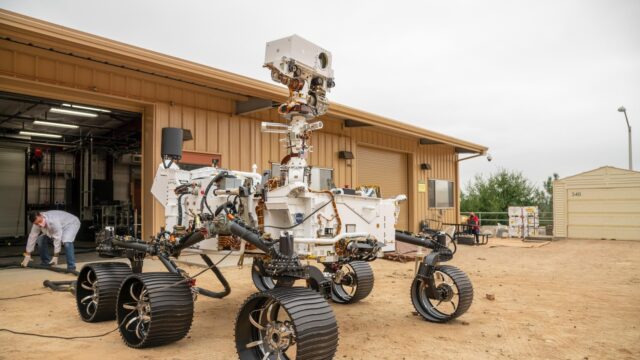 NASA PROMISE rover candidate OPTIMISM, the Perseverance engineering twin, at JPL's Mars Yard