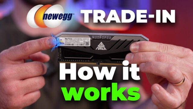 Newegg trade-in official video still of a RAM module with How it works overlay