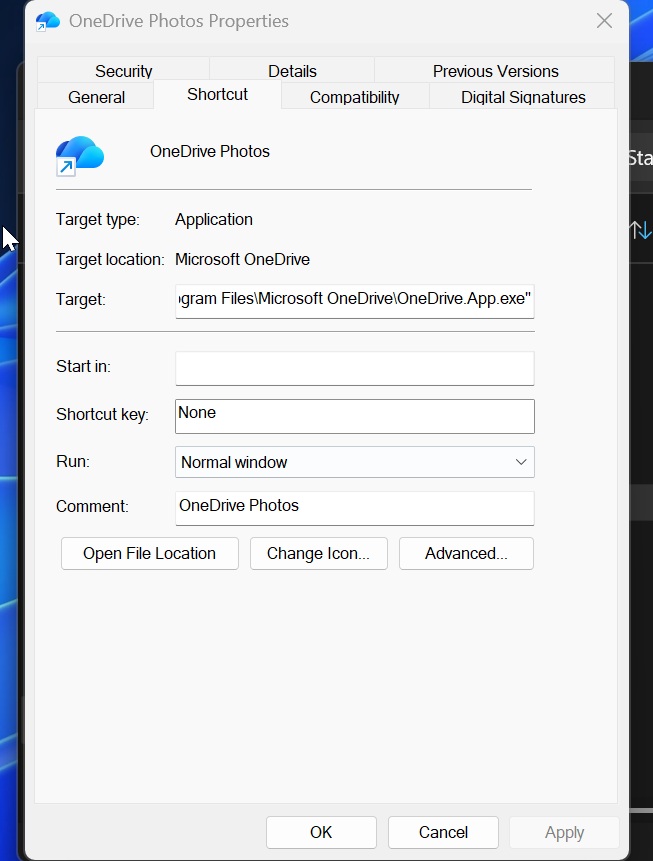 OneDrive Photos shortcut properties showing the OneDrive.App.exe target path