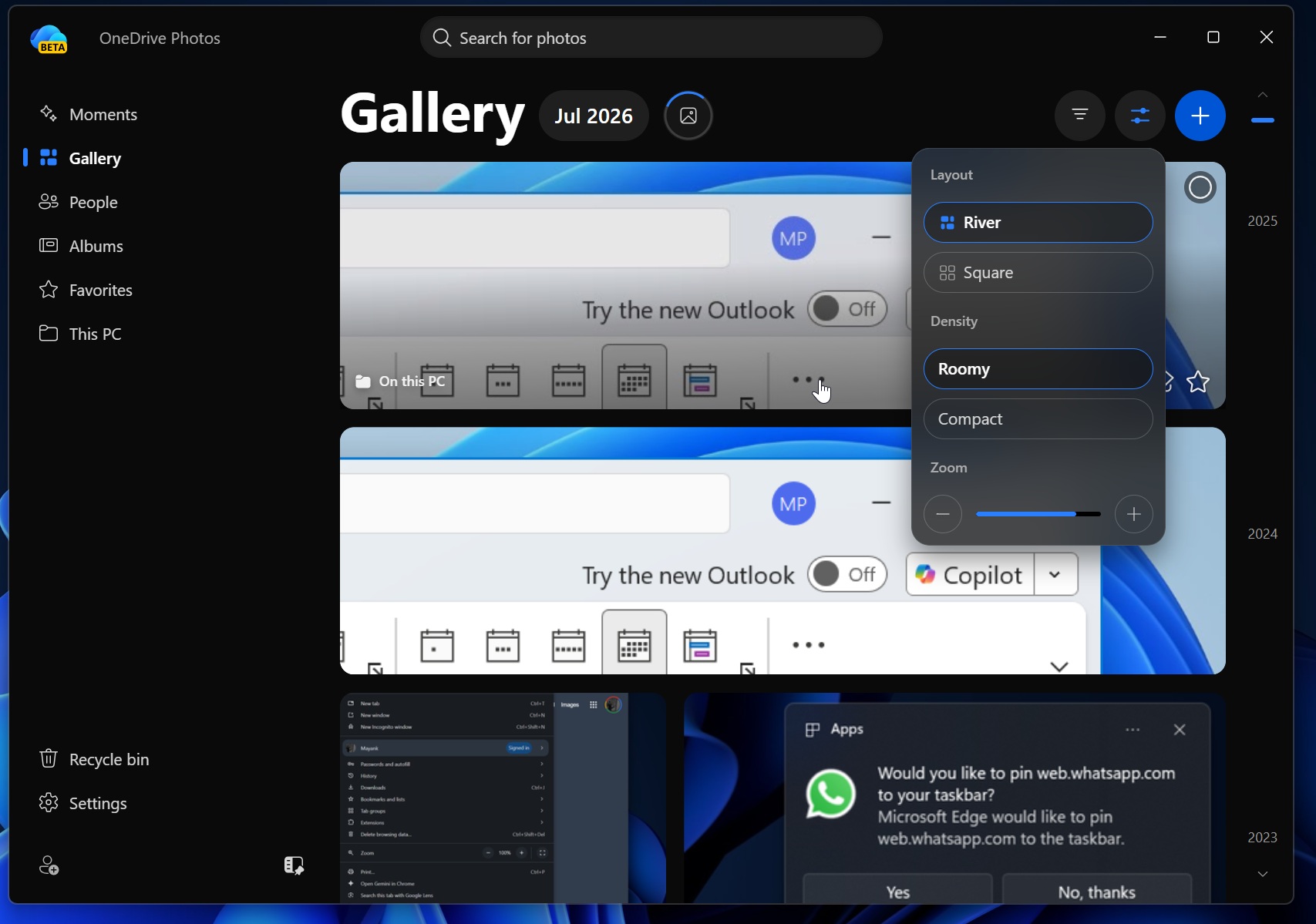 OneDrive Photos Gallery section showing local photos indexed without a Microsoft account