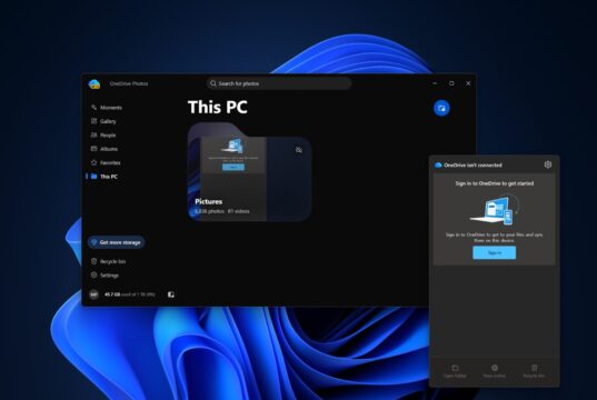 OneDrive Photos app window on Windows 11 with beta badge and OneDrive is not connected flyout