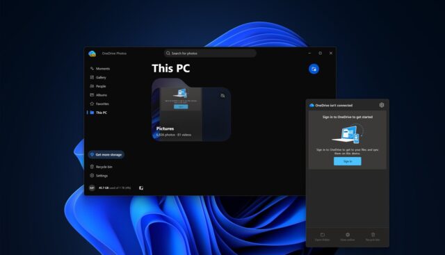 onedrive-photos-onedrive-photos-for-windows-11 OneDrive Photos app window on Windows 11 with beta badge and OneDrive is not connected flyout