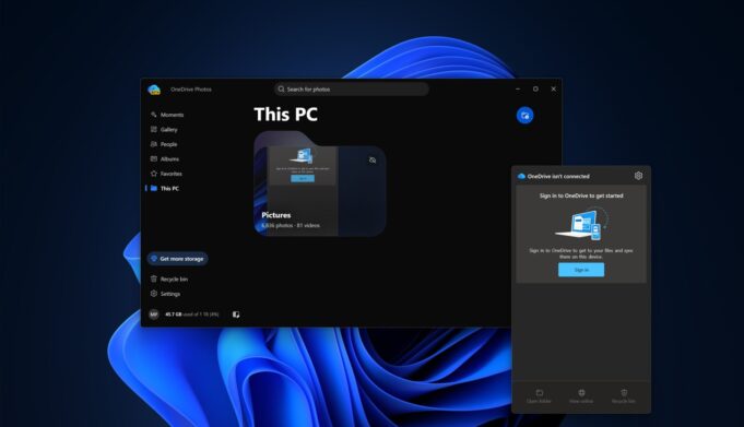 OneDrive Photos app window on Windows 11 with beta badge and OneDrive is not connected flyout