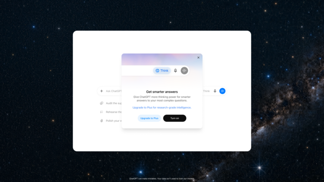 ChatGPT free unlimited text interface with Think button and smarter answers dialog on GPT-5.6 Luna