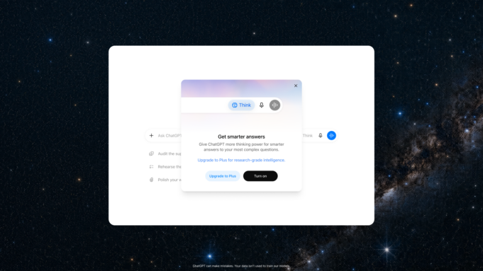 ChatGPT Free Unlimited Text Starts Next Week for Free and Go ChatGPT free unlimited text interface with Think button and smarter answers dialog on GPT-5.6 Luna