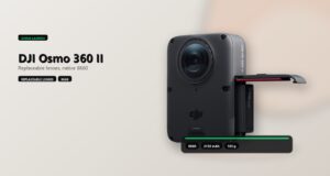 DJI Osmo 360 II official camera on an editorial canvas with a spec platform covering the base