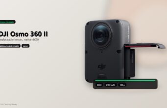DJI Osmo 360 II official camera on an editorial canvas with a spec platform covering the base