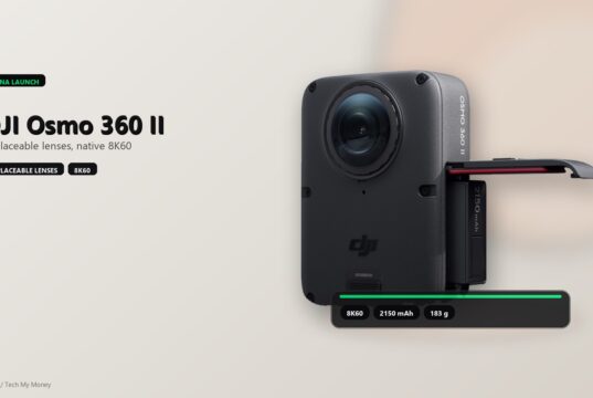 DJI Osmo 360 II official camera on an editorial canvas with a spec platform covering the base
