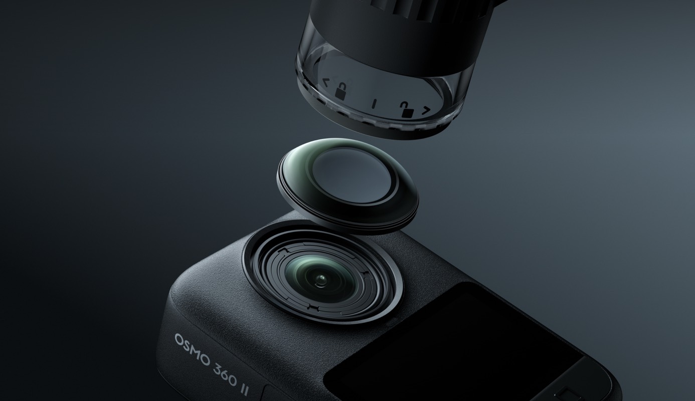 Official DJI Osmo 360 II with a user-replaceable lens and protective cover lifted off the body