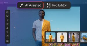Adobe Photoshop AI Assisted and Pro Editor toggle over a yellow-suit portrait in the Photoshop Markup workspace
