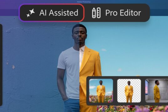 Adobe Photoshop AI Assisted and Pro Editor toggle over a yellow-suit portrait in the Photoshop Markup workspace