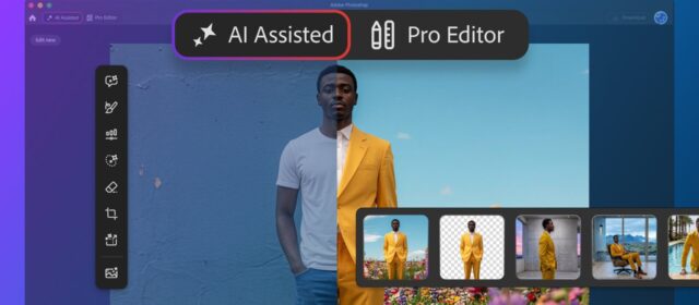 Adobe Photoshop AI Assisted and Pro Editor toggle over a yellow-suit portrait in the Photoshop Markup workspace