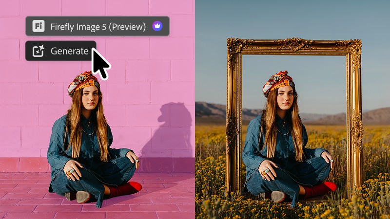 Firefly Image 5 preview generate control beside a before-and-after portrait of a seated woman