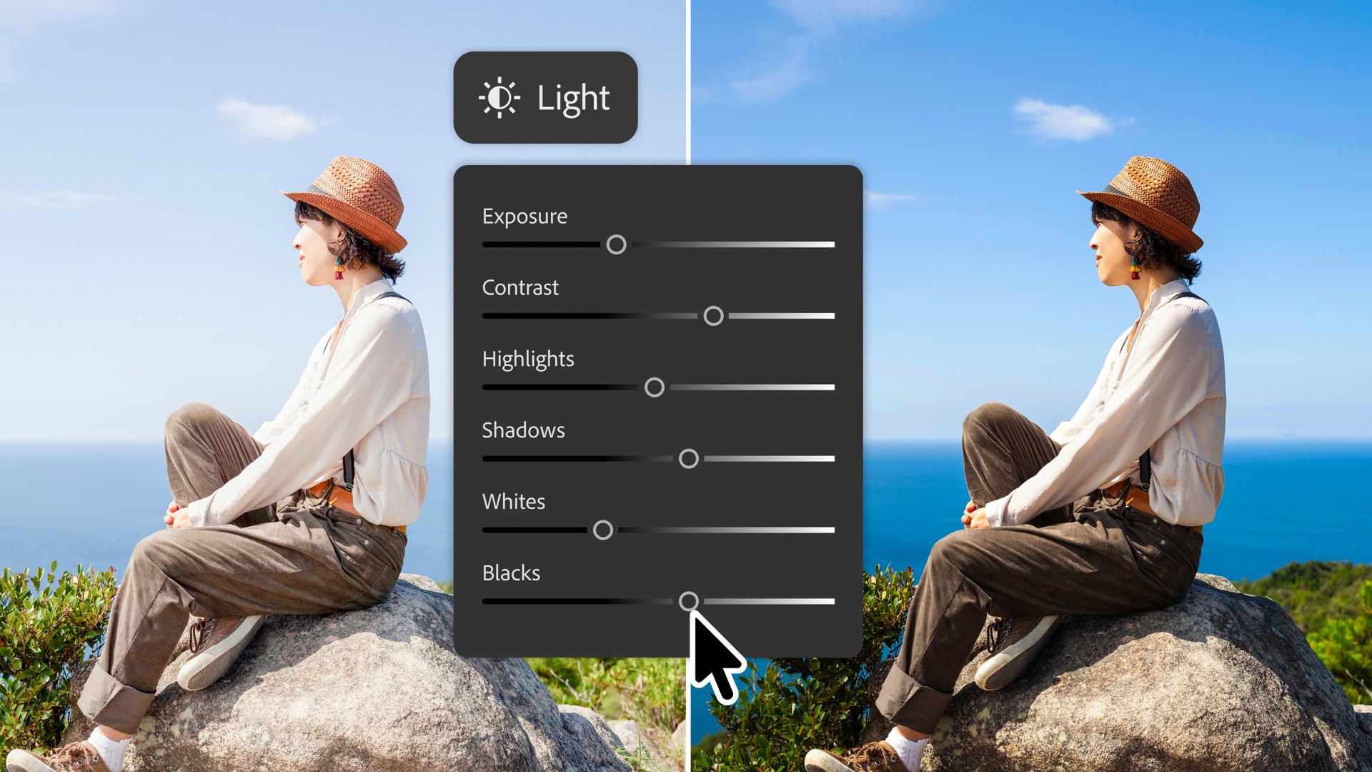 Photoshop Light Adjustment Layer sliders for exposure, contrast, highlights, shadows, whites, and blacks over a split outdoor portrait