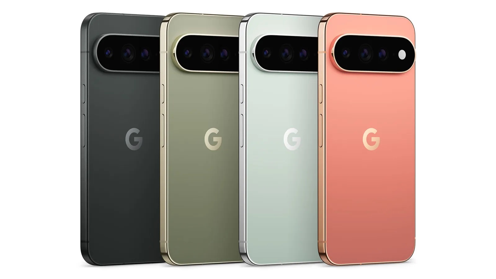 Pixel 11 Pro phones in Obsidian, Olive, Fog, and Canyon