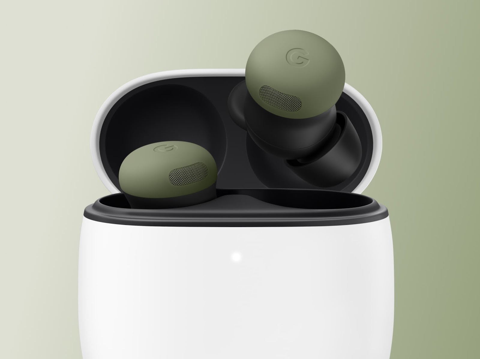 Pixel Buds Pro 2 Olive earbuds in the white charging case