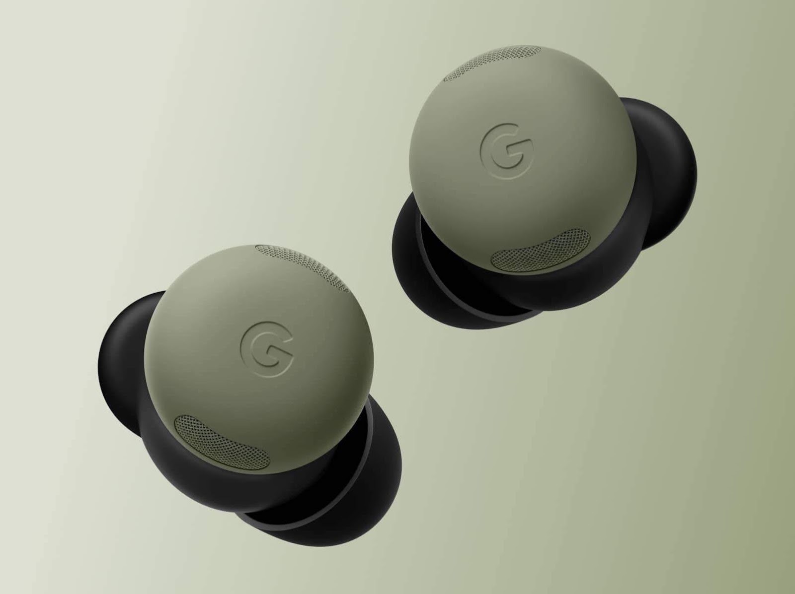 Pixel Buds Pro 2 in Olive, top view of both earbuds