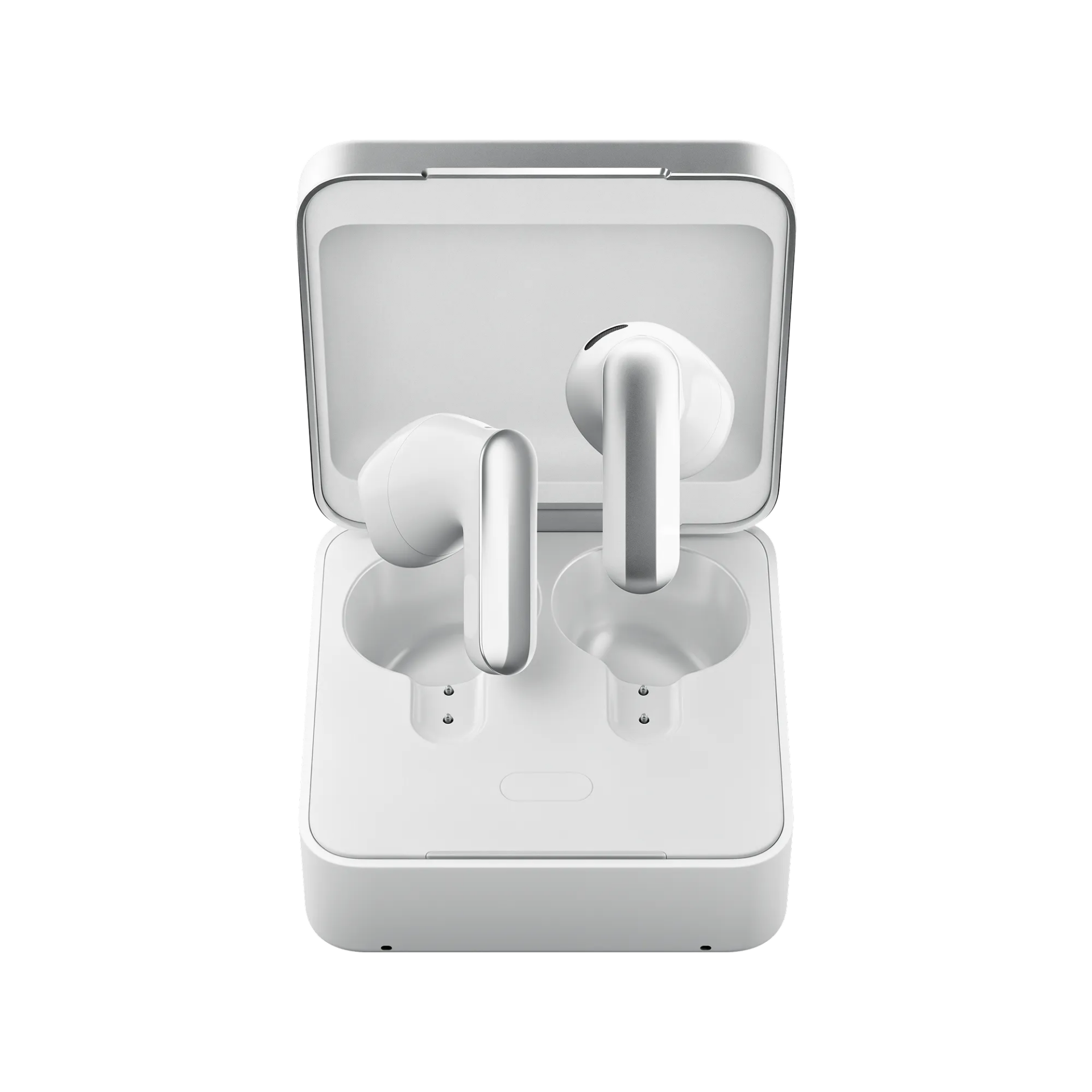 Plaud One earbuds floating above the open charging case