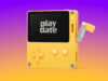 A yellow Playdate handheld game console with its crank on a purple-to-orange gradient background